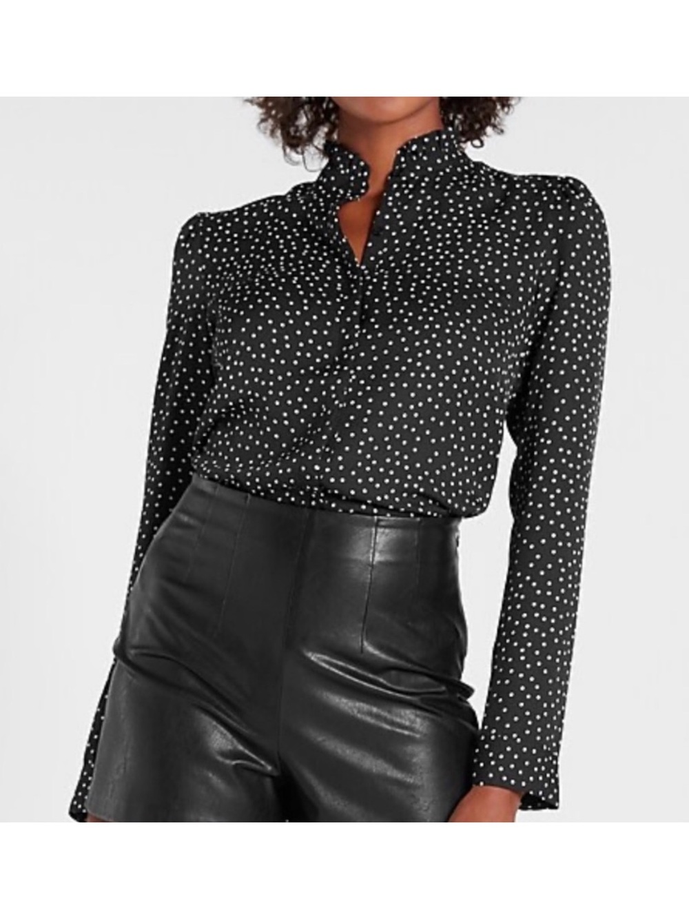 Express Portofino Black & White Polka Dot Button Down Blouse Top Office Ruffle